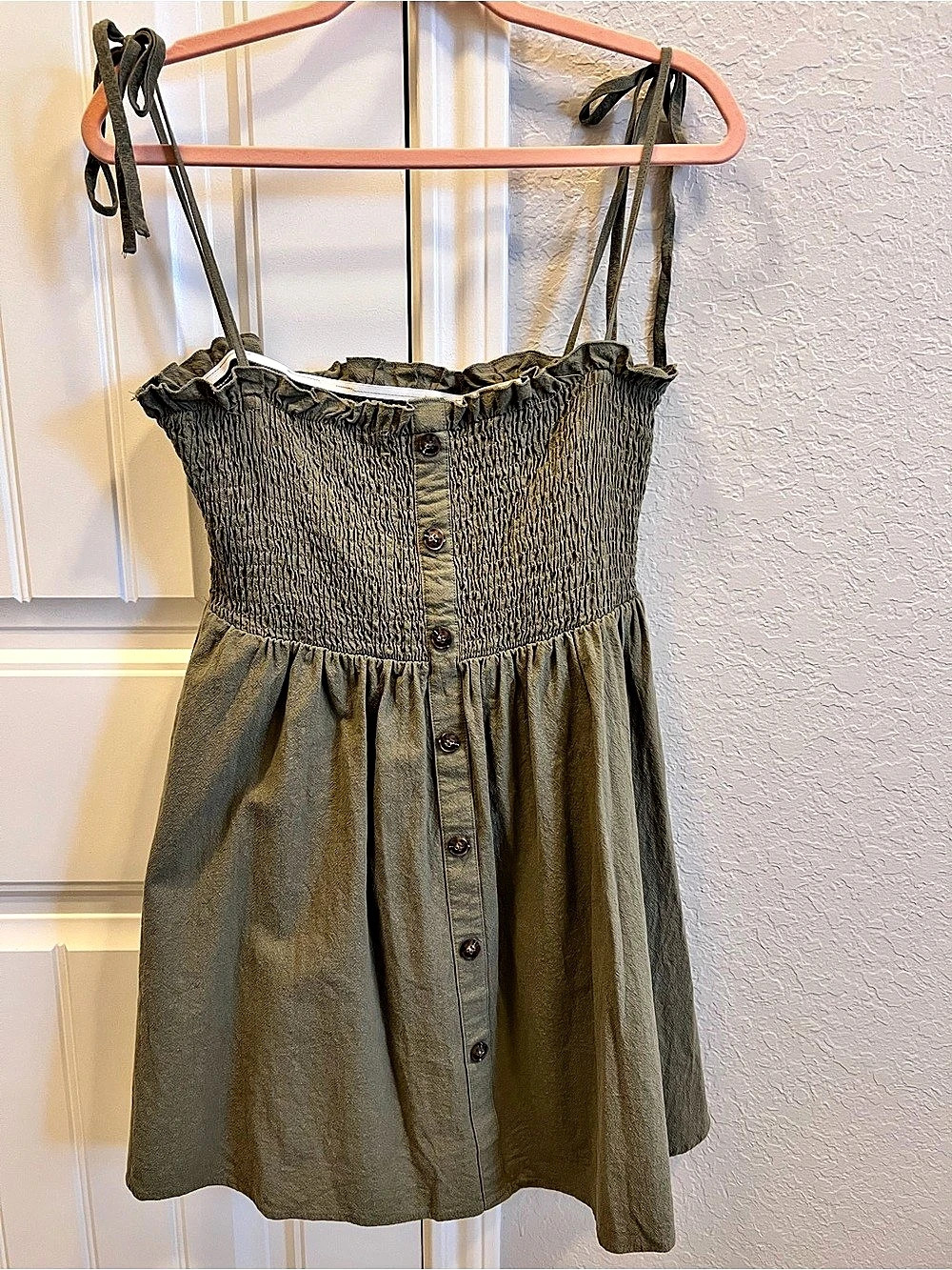 Olive Smocked Button-Front Mini Dress